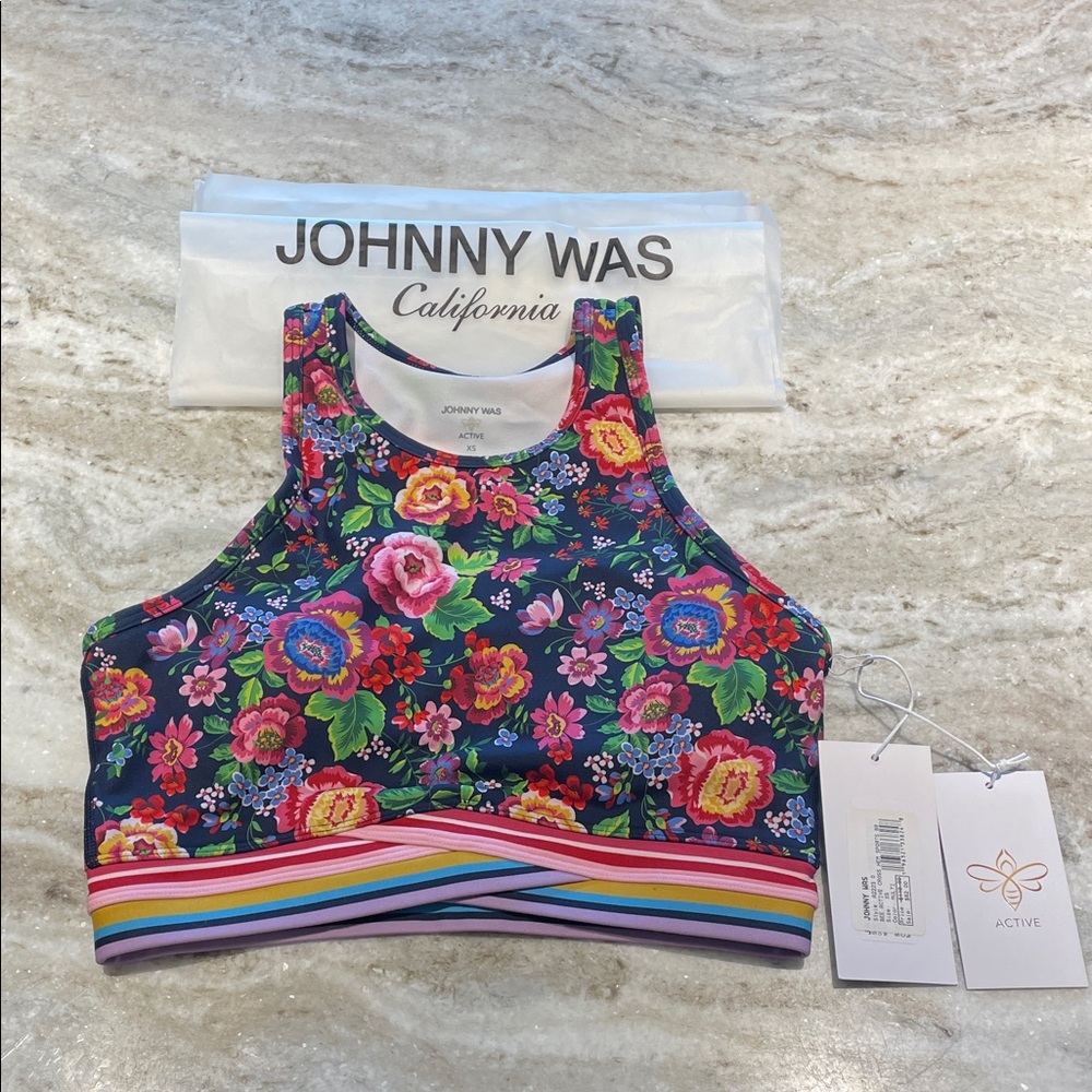 Johnny Was XS bee Active Hem Sports Bra Floral Crop Top Multi Color A2223 0